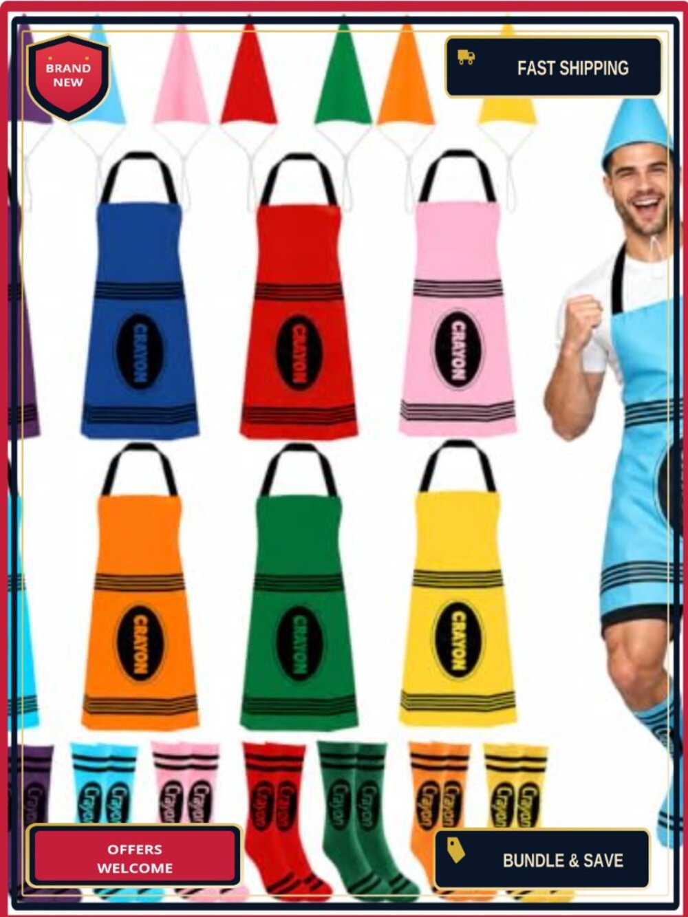 24pc Adult Crayon Costume Set Apron Cone Hats Socks Group Halloween Cosplay